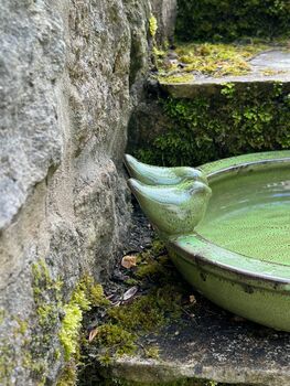 Round Green Ceramic Bird Bath With Two Love Birds, 3 of 8