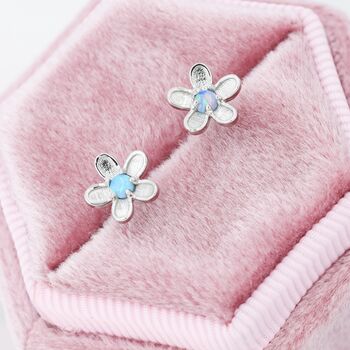 Sterling Silver Opal Forget Me Not Flower Stud Earrings, 7 of 12