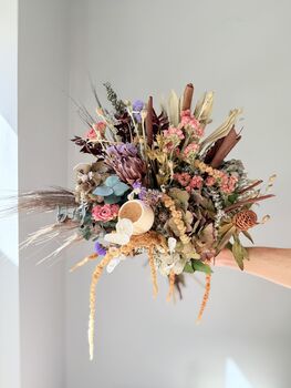 Hydrangea Pastel Bouquet With Eucalyptus Bark Sticks And Protea, 6 of 7