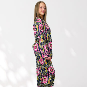 Ikat Print 100% Cotton Ladies Pyjamas In Navy And Pink, 6 of 8