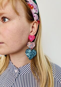 X Large Triple Heart Dangle Earrings / Handmade Statement Gift, 6 of 6