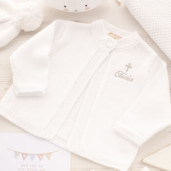 White Personalised Christening Matinee Cardigan With Cross, 3 of 12