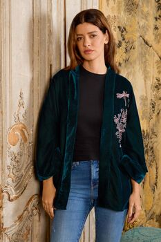 Wild Flowers And Butterflies Teal And Pink Velvet Embroidered Short Kimono, 4 of 10
