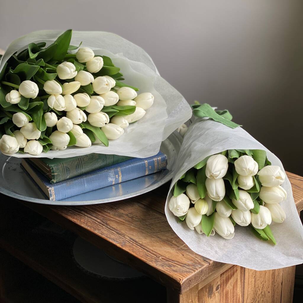Wrapped Cut White Fresh Tulips, 1 of 10
