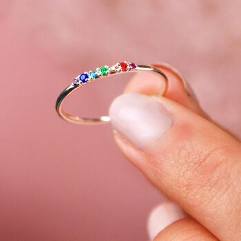 Sterling Silver Narrow Rainbow Stone Ring, 3 of 8