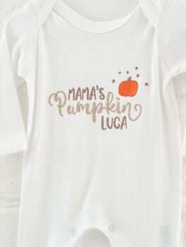 Halloween 'Mama's Pumpkin' Personalised Embroidered Babygro Sleepsuit For Baby's First Halloween, 2 of 4