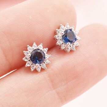 Sapphire Cz Flower Stud Earrings In Sterling Silver, 6 of 12