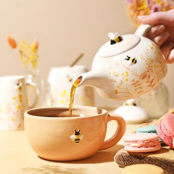Dusky Pink Floral Bee Ceramic Teapot And Cup Set, 2 of 12