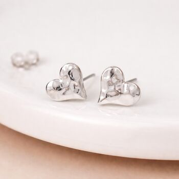 Silver Plated Hammered Heart Stud Earrings – 12mm, 2 of 6