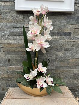 Large Pink Cymbidium Orchid In Gold Bowl, 7 of 8