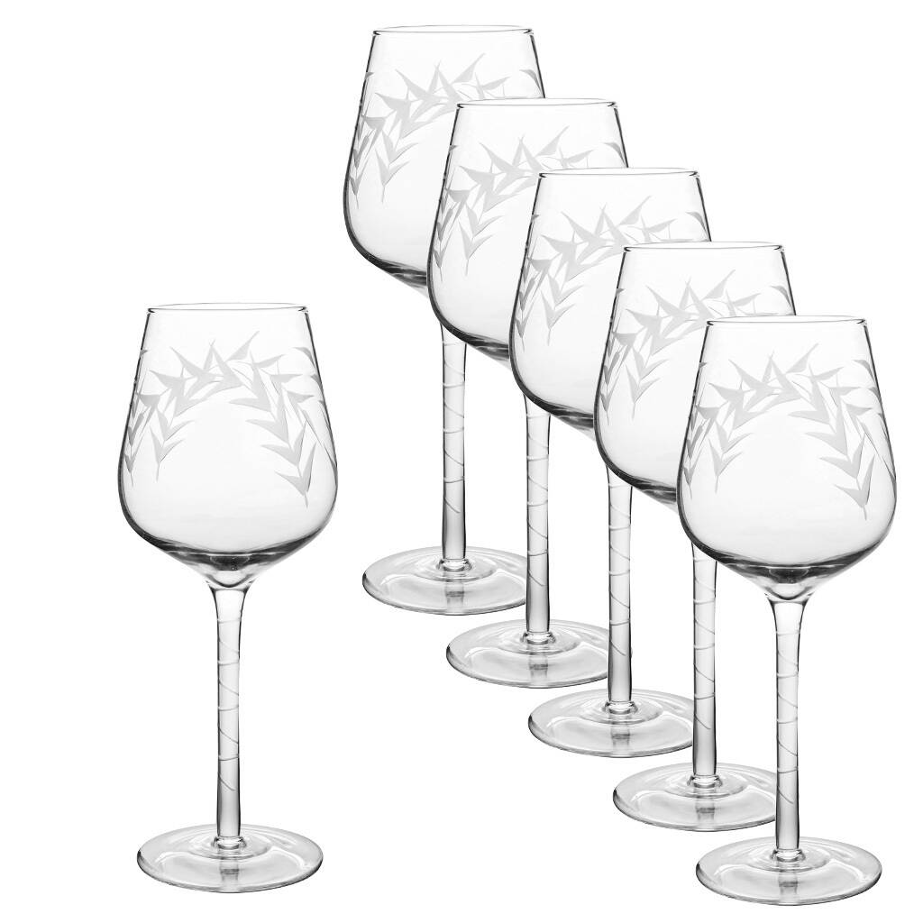 Set Of Six Leaf Etched Botanical Wine Glasses By Dibor