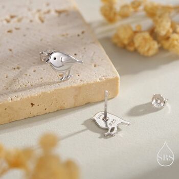 Sterling Silver Tiny Chickadee Bird Stud Earrings, 7 of 12
