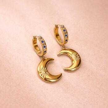 Celestial Crescent Moon Charm Hoop Earrings, 2 of 2