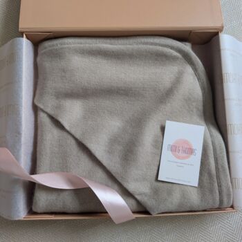 Personalised Beige 100% Cashmere Hooded Baby Blanket Gift Boxed, 3 of 8