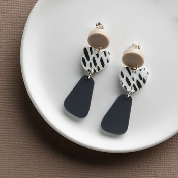 Sterling Silver Grey Nude Pebble Shaped Dalmatian Studs, 3 of 6