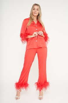Luxury Red Feather Silky Pyjama Set, 2 of 8