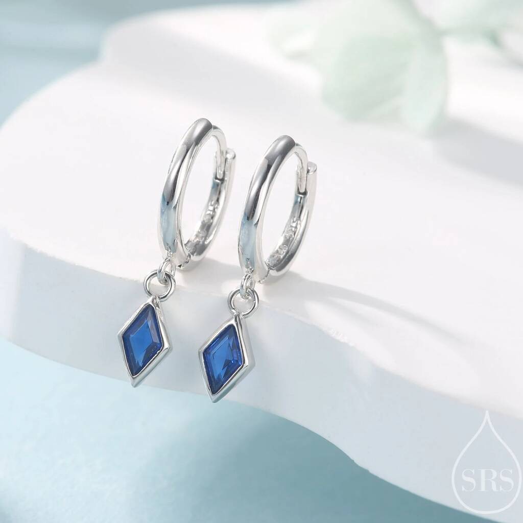 Very Tiny Rhombus Sapphire Blue Cz Huggie Hoop In Sterling Silver, 1 of 12