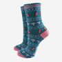 Women's Bamboo Socks Teal Robin Fair Isle, thumbnail 2 of 5