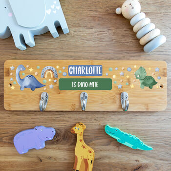 Personalised Dinosaur Wall Mounted Coat Hooks For Children's Bedroom, 2 of 4