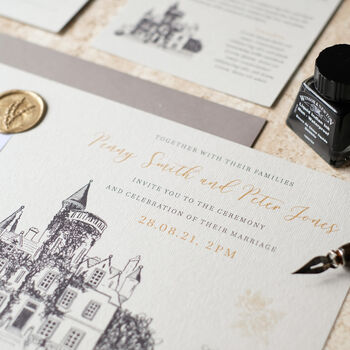Illustrated Castle Wedding Invitation With Wax Seal, 5 of 9