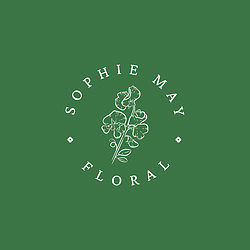 Sophie May Floral logo, green background with white text and illustration of a sweet pea. 