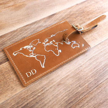 Embossed World Map Personalised Leather Luggage Tag, 6 of 9
