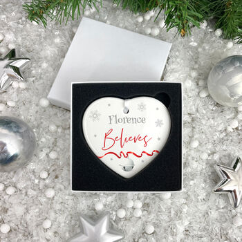'Believes' Ceramic Heart Hanging Decoration Bauble + Gift Box, 2 of 7