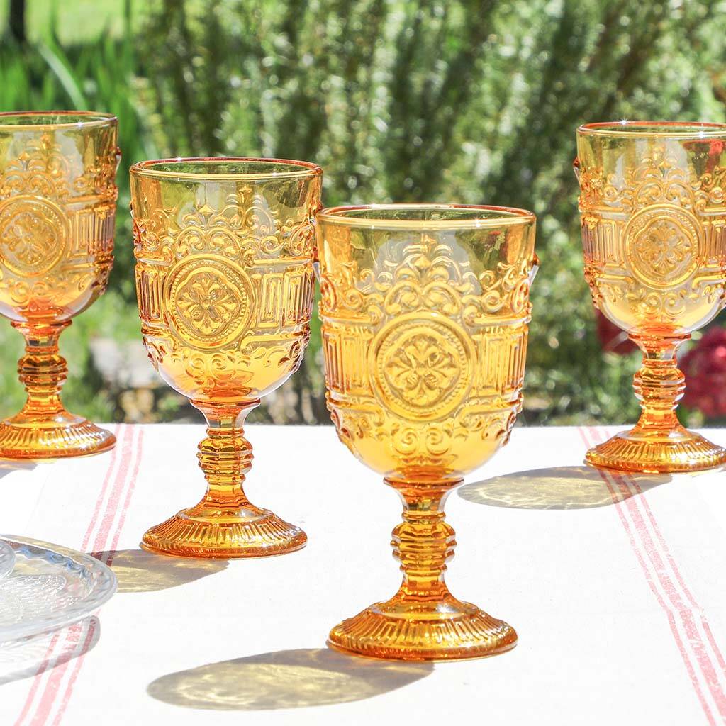 Set Of Four Amber Sunrise Embossed Wine Glasses By Dibor