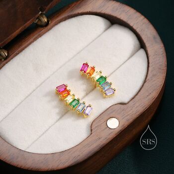 Sterling Silver Rainbow Baguette Cz Stud Earrings, 2 of 11