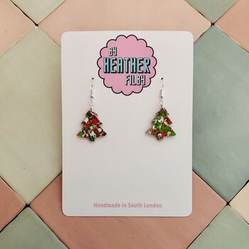 White, Red And Green Glitter Christmas Tree Resin Earrings / Traditional Christmas Gift / Secret Santa Gift, 6 of 9