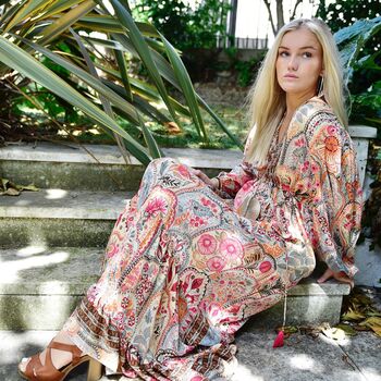 'Tuuli' Pink, Orange And Cream Floral Tile Print Maxi Dress, 3 of 6