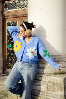 Bold Blue Crochet Applique Bold Floral Cardigan, 2 of 6