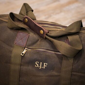 Personalised Initial Men's Waxed Cotton Canvas Holdall, 6 of 7