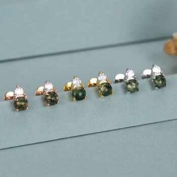 Sterling Silver Moss Agate And Cz 16 G Flat Back Labret Earrings, 3 of 10