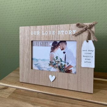 Personalised Our Love Story Wooden Photo Frame With Tag, 3 of 7