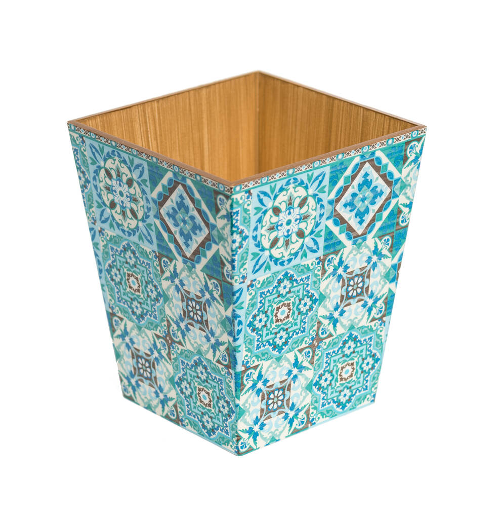 Wooden Waste Paper Bin Blue Moroccan, 1 of 3