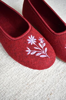 Wool Balleina Slippers Wine Red/ Pink Flowers, 2 of 3