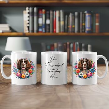 Personalised Springer Spaniel Summer Floral Dog Wreath Cushion And Mug Bundle, 3 of 4