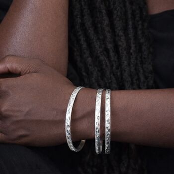 Sterling Silver Plated Triple Hammered Bangle Set, 2 of 6