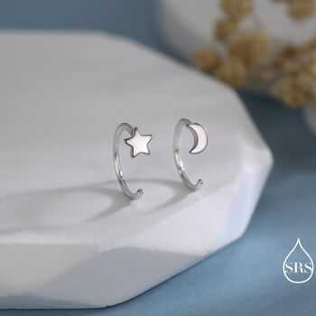 Mismatched Moon And Star Huggie Hoop Earrings In Sterling Silver, 6 of 11