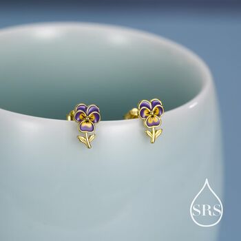 Pansy Enamel Stud Earrings In Sterling Silver, 4 of 11