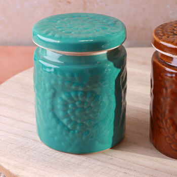 G Decor Embossed Bloom Handmade Ceramic Jars Storage With Floral Motif Lids, 3 of 4