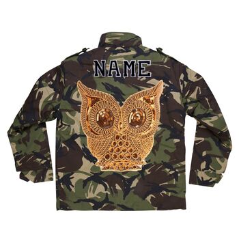 Gold Sparkly Owl Personalised Kids Camo Jacket, 5 of 8