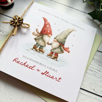 Handmade Special Couple Personalised Christmas Card, Skating Gonk Design, 4 of 4