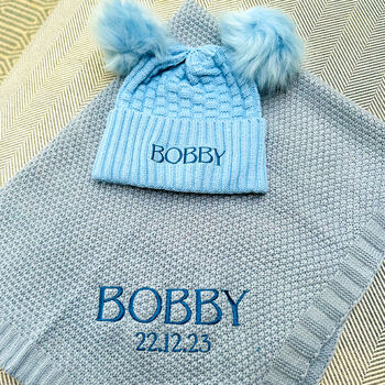 Personalised Blue/Pink Knit Baby Blanket And Hat, 2 of 8