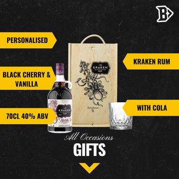 Personalised Kraken Black Cherry And Madagascan Vanilla Spiced Rum Gift Set With Glass, 2 of 4