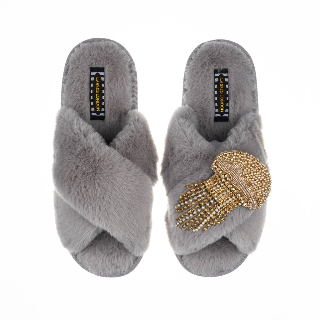 Classic Slippers With Artisan Gold Jellyfish Brooch By Laines London