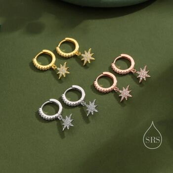 Sterling Silver Cz Starburst Huggie Hoop Earrings, 2 of 12