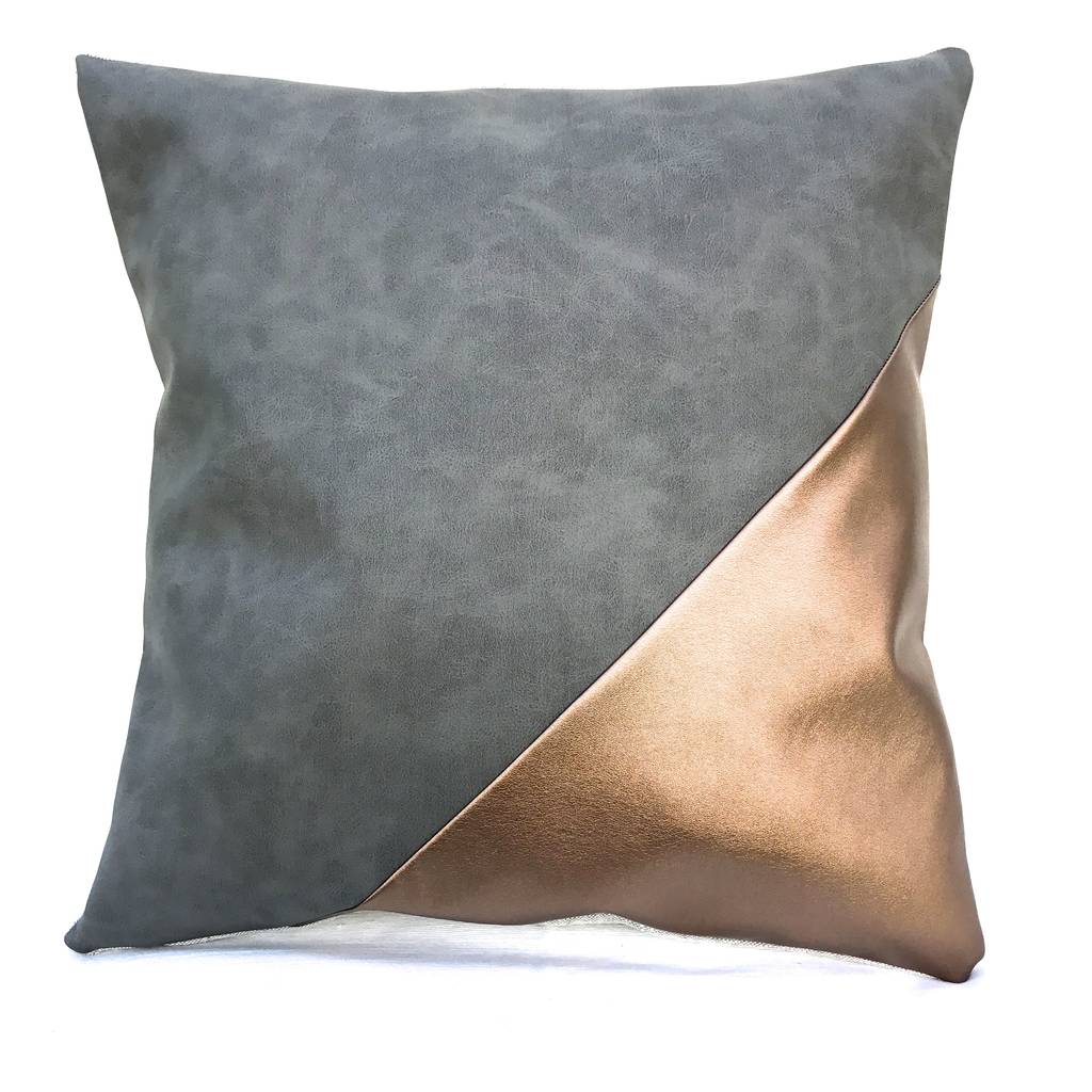 Vegan Leather Grey Copper Metallic Cushion By The Abstract Bee