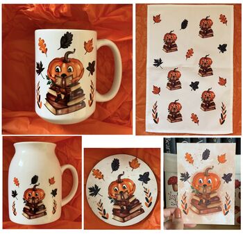 Cosy Pumpkin Gift Set Mug, Coaster, Milk Jug, Tea Towel, 3 of 3